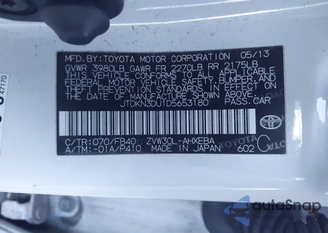 2013 Toyota Prius Two from USA, damaged, VIN JTDKN3DU1D5653180